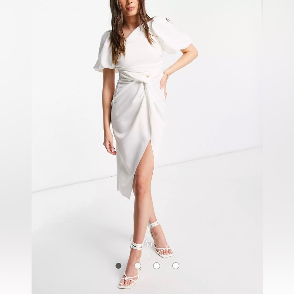 ASOS DESIGN asymmetric puff sleeve knot tuck midi dress in ivory